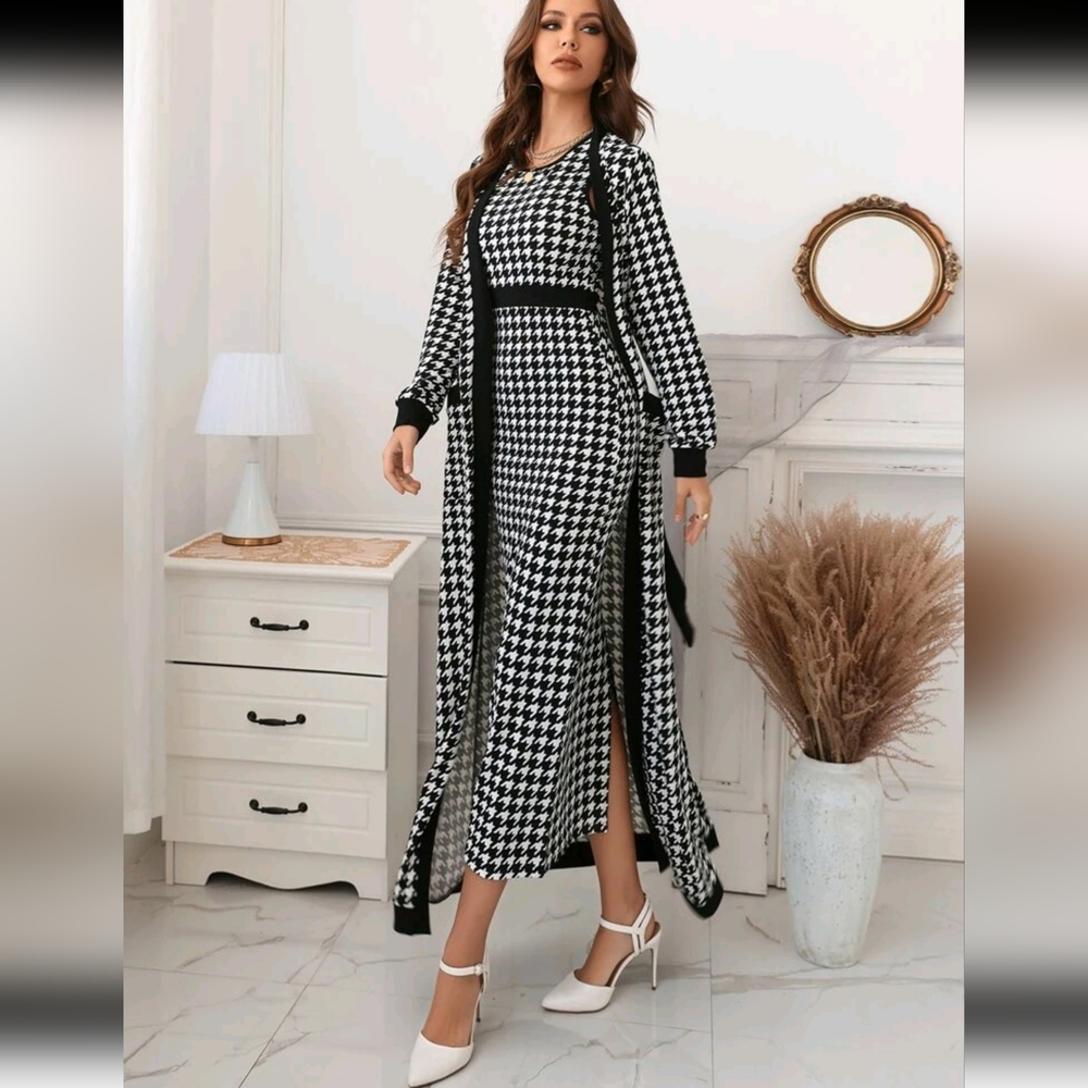 Houndstooth Slit Back Bodycon Dress & Patched Pocket Belted Coat - Picture 3 of 8